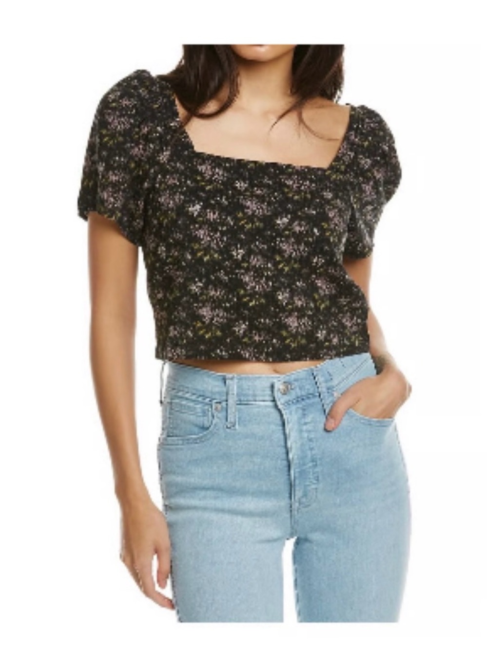 Madewell Black Floral Smocked Puff-Sleeve Crop Top